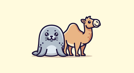 A cartoon seal and camel stand close, sharing space on a soft, light-yellow background