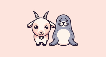 A friendly goat and seal share a pink background. Both have large eyes and are smiling