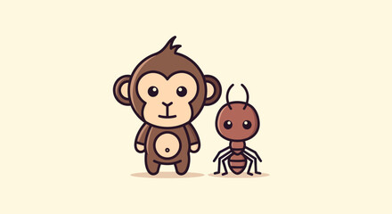 Fototapeta premium Adorable cartoon illustration depicts a monkey and an ant standing together, simple style