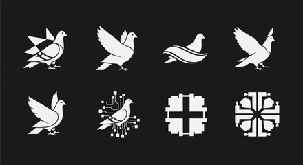 Eight white dove logo designs, some with geometric elements, arranged on a black background