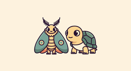 Cute illustrated moth and turtle characters side by side with a warm color palette