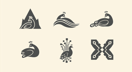 Six peacock-inspired logos, in dark grey, over a pale yellow background, clean lines