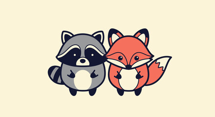 Cartoon raccoon and fox duo, hugging, on a cream background, featuring stylized illustrations
