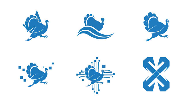 Six blue turkey illustrations with various design elements