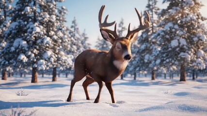 3D animated deer shaking off snow in a sunny winter forest. Cute cartoon buck with antlers playing in a snowy woodland landscape. Christmas and holiday season concept - Powered by Adobe