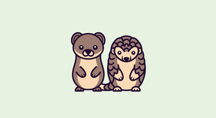 Two stylized, friendly cartoon animals, an otter and a hedgehog, stand side-by-side