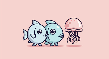 Cartoon illustration featuring two friendly fish and a pink jellyfish on a pink backdrop