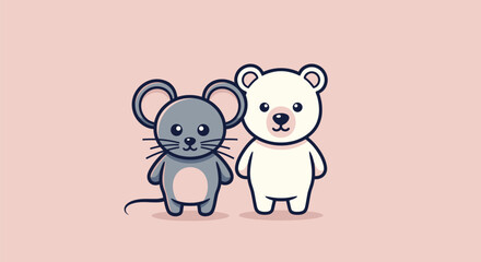 Naklejka premium Cute cartoon mouse and polar bear stand together against a pastel pink background