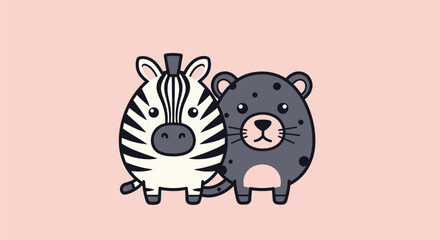 Two cartoon animals, a zebra and a panther, side-by-side on a pink background