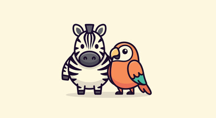 Cartoon zebra and parrot characters stand side-by-side on a cream background