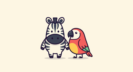 Cartoon zebra and parrot standing side by side, holding hands, simple background