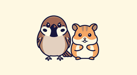 Cute cartoon image of a sparrow and hamster side by side. Simple style on a cream background