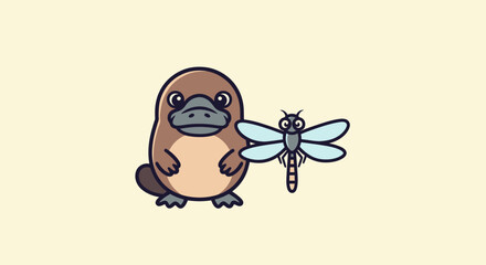 A cartoon platypus and dragonfly stand together on a cream backdrop