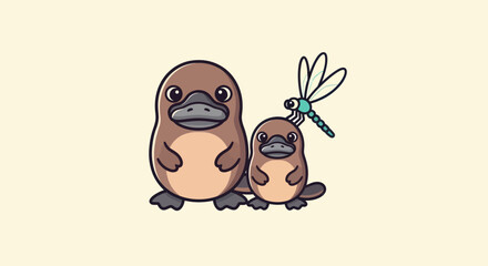Obraz premium Cartoon image features two platypuses, a larger adult and smaller one with a dragonfly