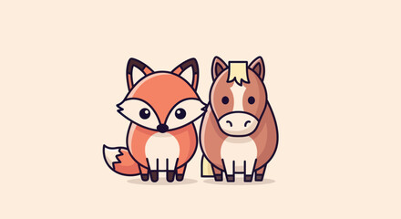A cute illustration of a fox and a horse, side-by-side, with big eyes and outlines