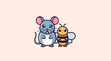 A friendly cartoon mouse and bee stand together against a light pink backdrop