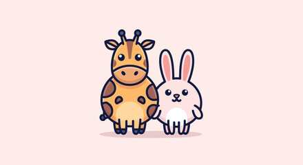 Cartoon giraffe and bunny holding hands on a pink background