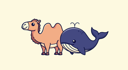 A cartoon camel and whale in profile, against a cream-colored backdrop