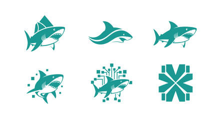 Collection of six stylized, teal shark designs. Some have digital circuit elements. Other abstract