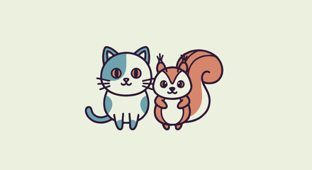 A cartoon cat and squirrel stand side-by-side on a light green background