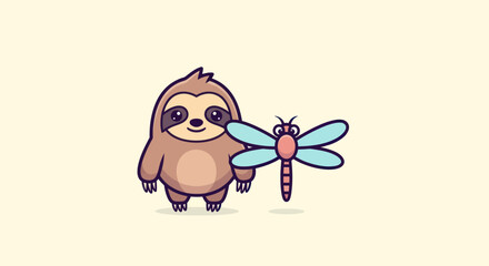 Naklejka premium A cartoon sloth and dragonfly stand on a light background, friendly design
