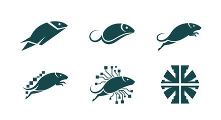 A sequence of abstract mouse and fish shapes in teal, some with tech or digital elements