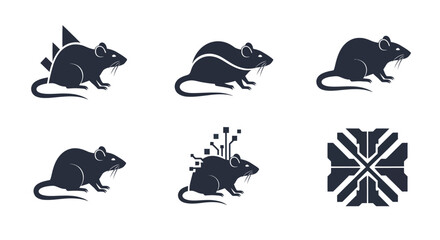 Six monochrome mouse/rat designs one with geometric shapes, plus circuit elements, and a design