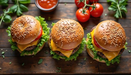 Top view of three hamburgers served with tomato sauce and fresh vegetables on wooden surface. Cheeseburgers contain meat patty with cheese and sesame bun. Cooking concept for restaurant menu.