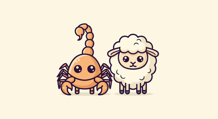 A cartoon scorpion and sheep stand side-by-side on a cream-colored background