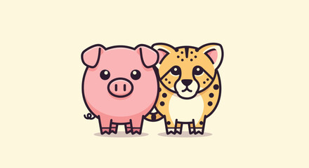 A cartoon pig stands with a cheetah against a cream background