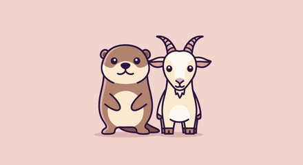 A friendly otter stands next to a goat on a pink background, both stylized and cute