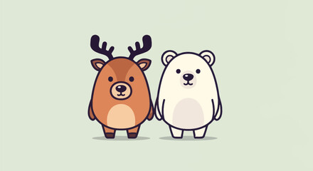 A cartoon reindeer and polar bear stand together, holding hands, on a light green background