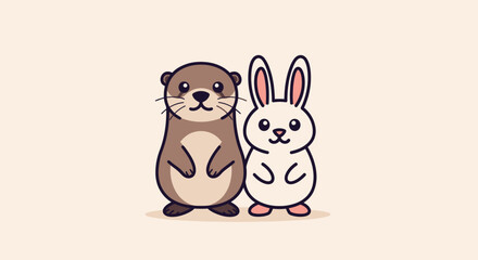 A friendly otter and rabbit, designed in a cute cartoon style, stand together