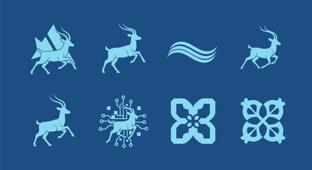 Fototapeta premium Eight light blue vector designs, including animals, waves, and geometric shapes, on blue