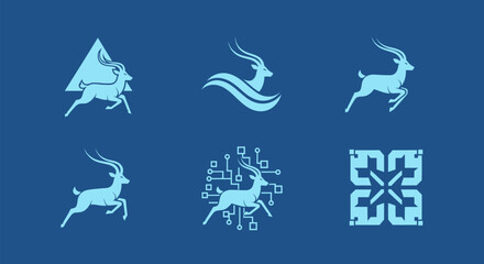 A blue background displays six antelope-like logos in light blue, each with distinct designs
