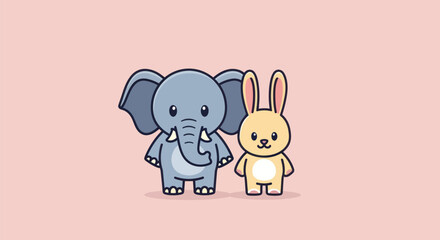 A cute illustration of an elephant and rabbit standing side by side. Light pink background