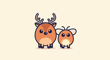 Fototapeta premium Two cartoon animals a deer with antlers, and a small creature, both orange-brown