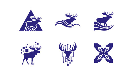 Six blue logos with stylized moose designs, varying in style and composition