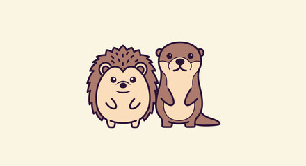 Naklejka premium Cartoon illustration featuring a hedgehog and an otter on a cream background