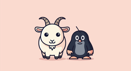 Cartoon goat and mole stand side-by-side against a pale pink backdrop, facing forward