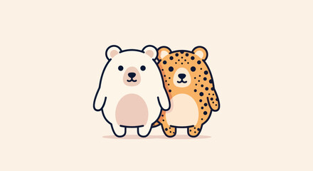 Cute illustration of two cartoon bear-like creatures standing side-by-side on a plain background
