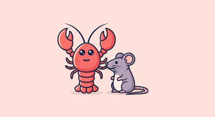 A cartoon lobster and mouse stand next to each other on a pink background. They have big eyes