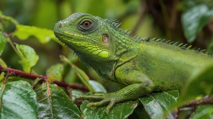 Fototapeta premium Lizard perched on glossy green leaves blending perfectly into its vibrant natural habitat.