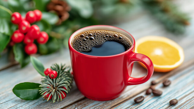 Red mug holding hot coffee, arranging with christmas decorations, orange, and beans on rustic wood, symbolizing holiday warmth - Powered by Adobe
