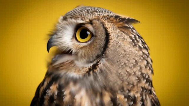 Close-up of a majestic owl with large yellow eyes and intricate feather patterns set against a vibrant yellow background