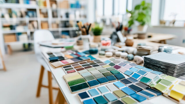 Designer selecting ceramic tile color swatches in creative studio, planning interior decor and renovation