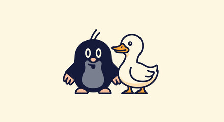 A cartoon mole and duck stand side-by-side on a cream background, looking friendly