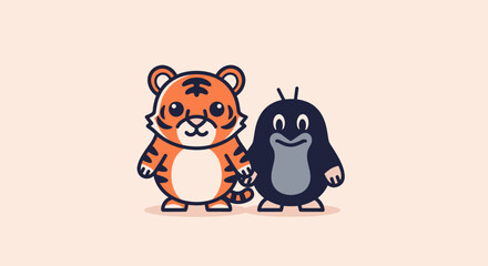 Two cartoon animal friends, a tiger and a mole, hold hands on a cream background
