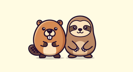 Fototapeta premium Cute cartoon depiction of a beaver and a sloth standing together, smiling, with a solid cream background
