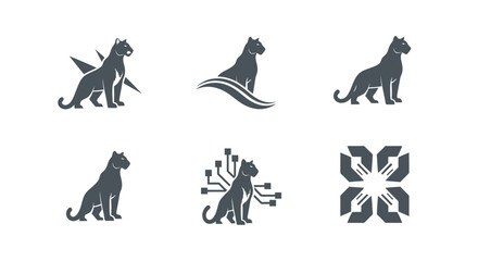 Six abstract designs using a panther silhouette, modified in various ways